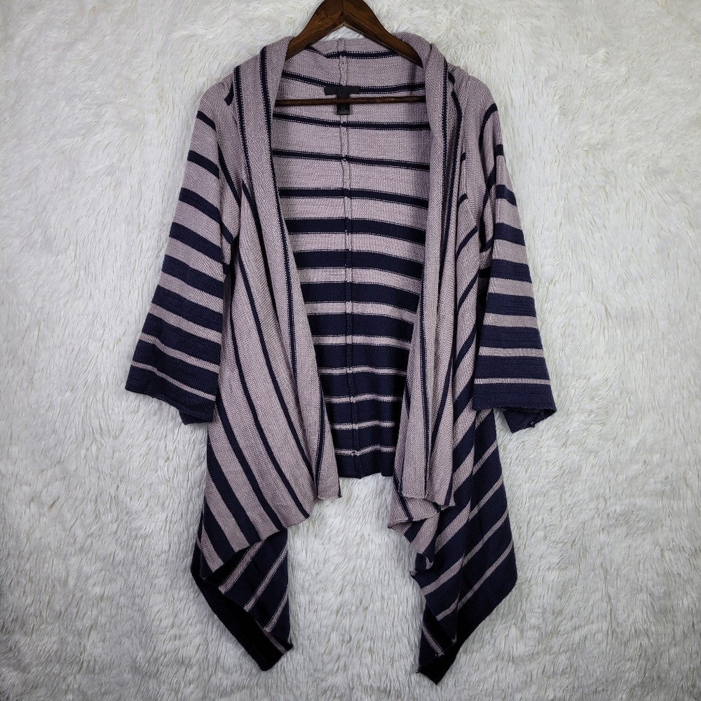 Indah 100% Cashmere Draped Open Front Striped Cardigan Lavender Navy Blue OS
